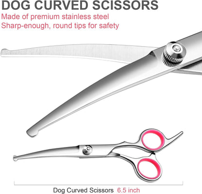 Dog Grooming Scissors With Safety Round Tips Stainless Steel Professional Dog Grooming Kit Thinning Curved Scissors And Comb For Dog Cat Pet